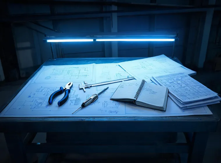 Engineering blueprint with hand tools and gauges